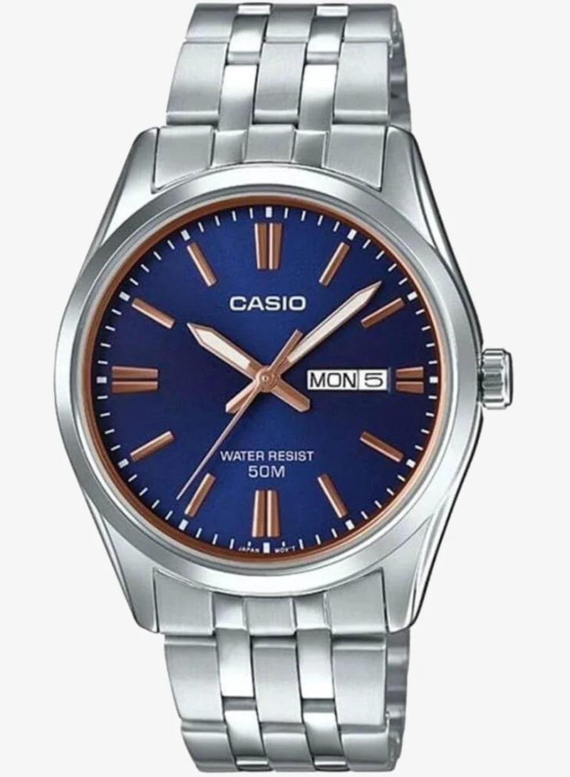 Casio Men's Watch - MTP-1335D-2A2VDF Blue/Gold Dial, Silver Band