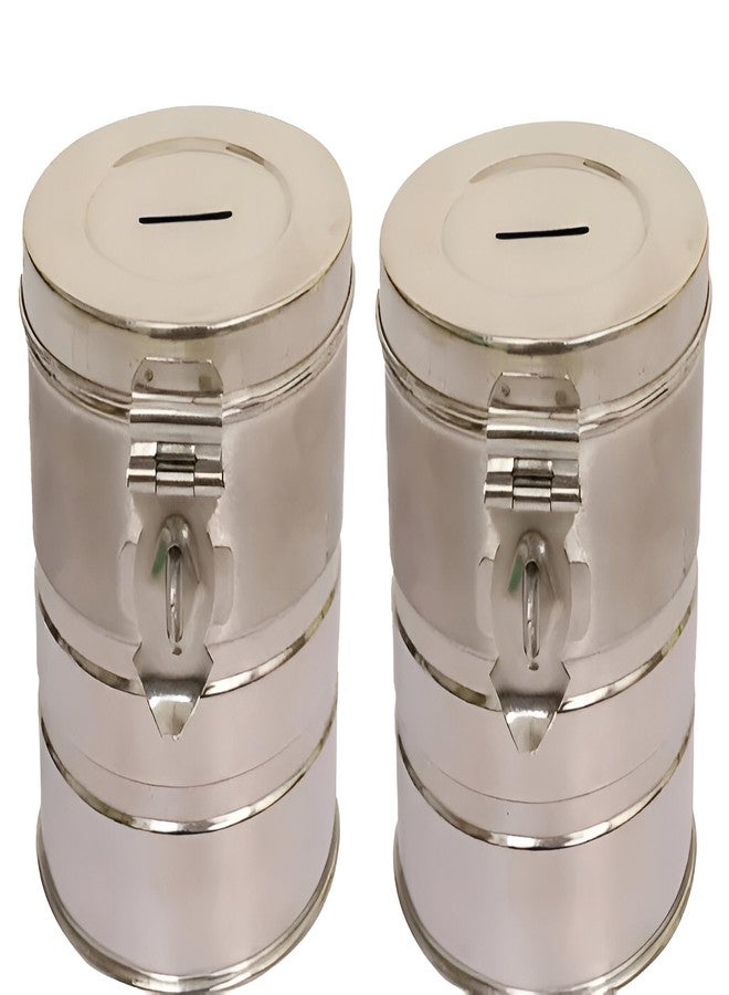 EvoFlex Industrial-Grade Steel Piggy Bank for Coins and Cash - Anti-Rust Coating Metal Money Bank, Cylindrical Savings Container, Set of 2, Silver - Image 1
