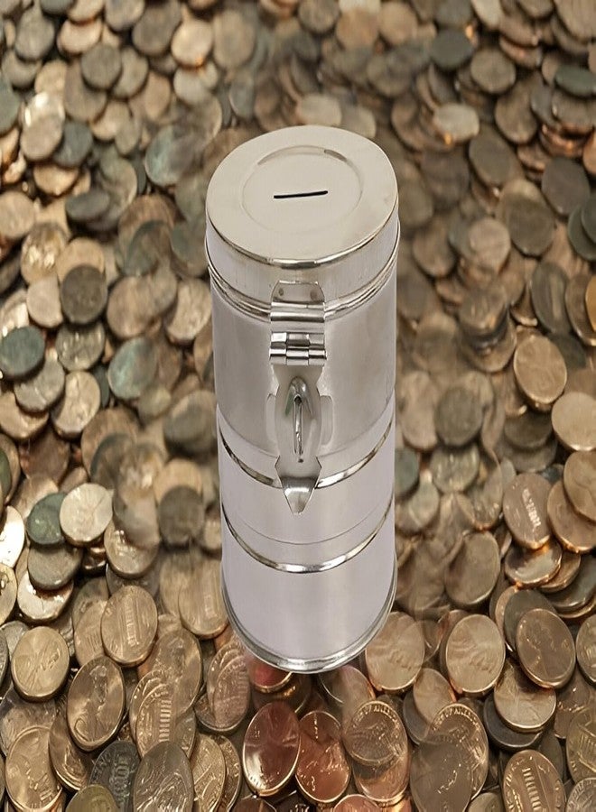 EvoFlex Industrial-Grade Steel Piggy Bank for Coins and Cash - Anti-Rust Coating Metal Money Bank, Cylindrical Savings Container, Set of 2, Silver - Image 5