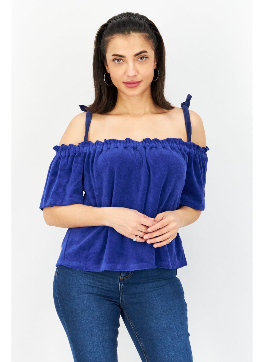 Juicy Couture Women Square Neck Cold Shoulder Sleeve Textured Top, Blue  - Image 1