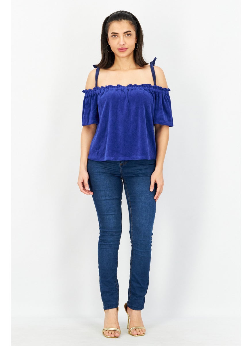 Juicy Couture Women Square Neck Cold Shoulder Sleeve Textured Top, Blue  - Image 4