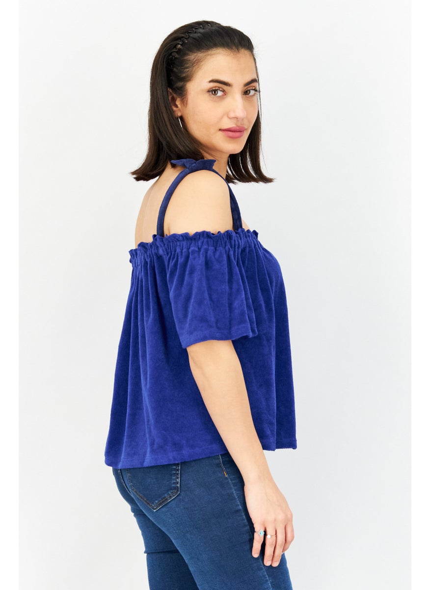 Juicy Couture Women Square Neck Cold Shoulder Sleeve Textured Top, Blue  - Image 3