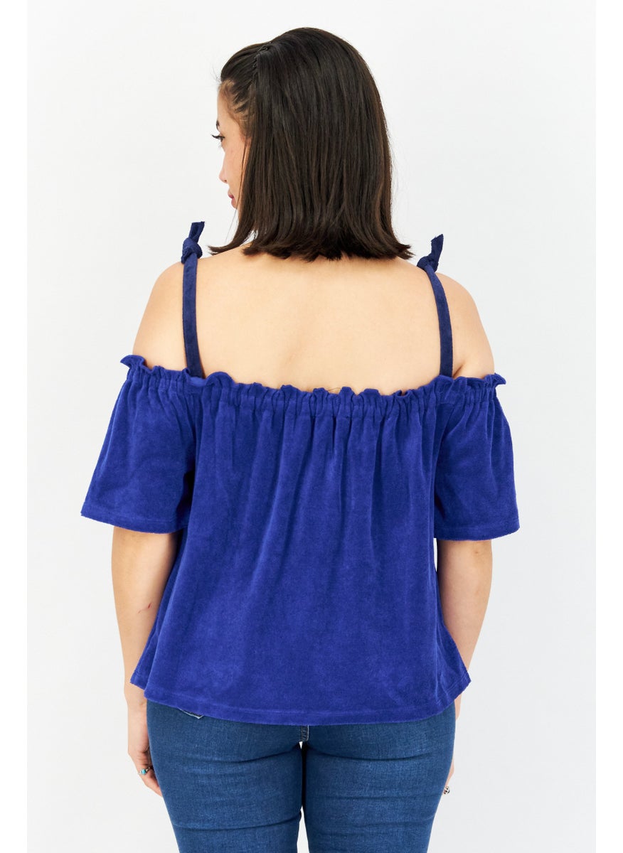 Juicy Couture Women Square Neck Cold Shoulder Sleeve Textured Top, Blue  - Image 2