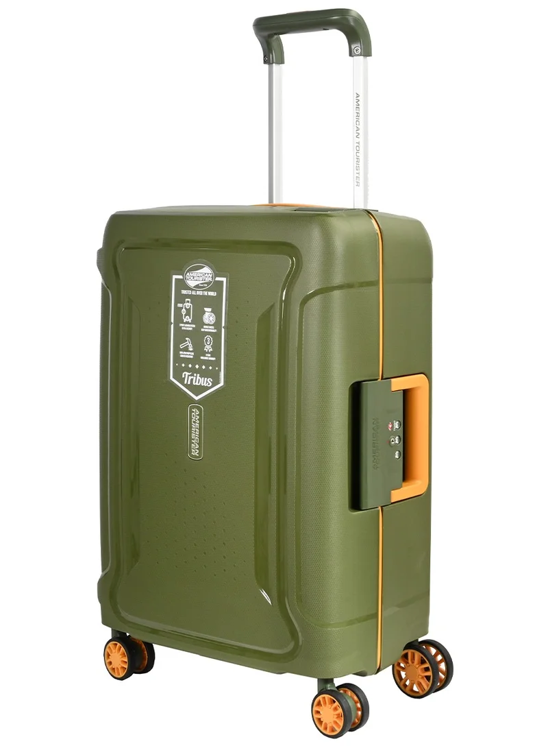 American Tourister Tribus Suitcase, Cabin Size 55 cm / 20 inch, 4 Spinner Wheels, Hard Top, Polypropylene, Olive|Address Tag|Dual Tube Pull Handle|Scratch Resistant Texture|XtraSecu™ 3-Point Locking System - 3 Years Global Warranty