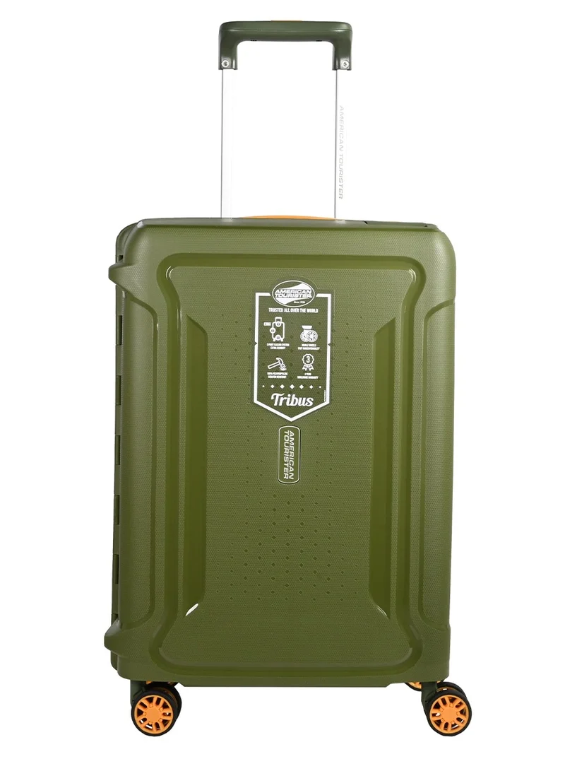 American Tourister  tribus suitcase, cabin size 55 cm / 20 inch, 4 spinner wheels, hard top, polypropylene, olive|address tag|tsa lock|dual tube pull handle|scratch resistant texture|xtrasecu™ 3-point locking system - 3 years international warranty  | Best Price UAE