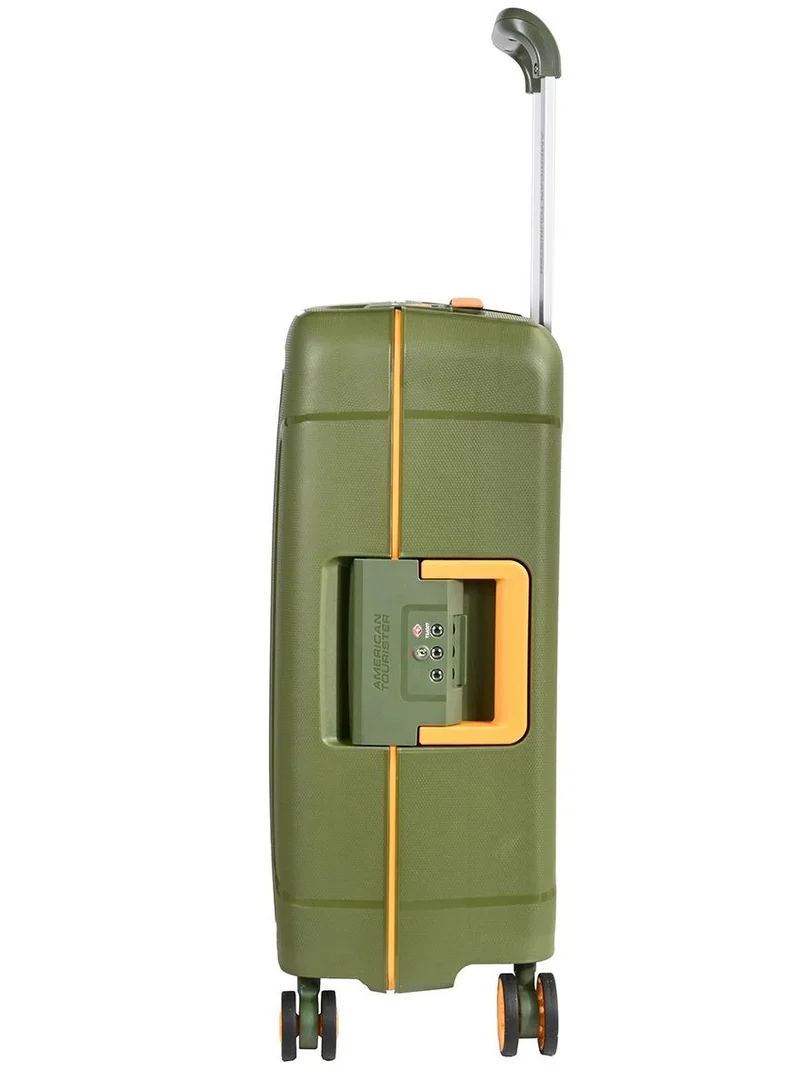 American Tourister  tribus suitcase, cabin size 55 cm / 20 inch, 4 spinner wheels, hard top, polypropylene, olive|address tag|tsa lock|dual tube pull handle|scratch resistant texture|xtrasecu™ 3-point locking system - 3 years international warranty  | Best Price UAE