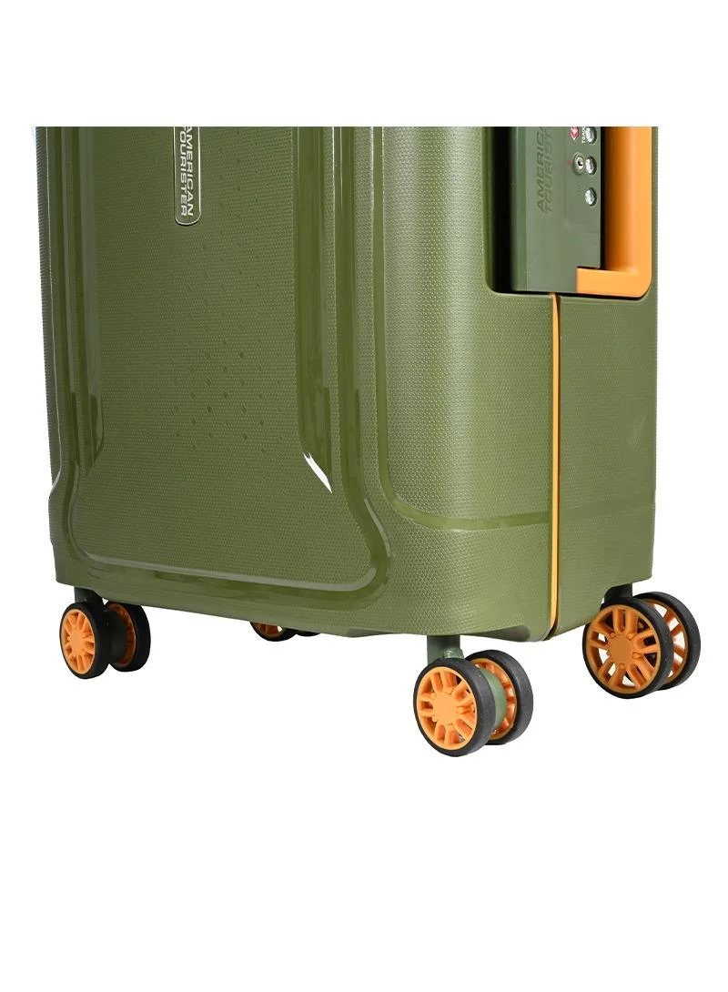 American Tourister  tribus suitcase, cabin size 55 cm / 20 inch, 4 spinner wheels, hard top, polypropylene, olive|address tag|tsa lock|dual tube pull handle|scratch resistant texture|xtrasecu™ 3-point locking system - 3 years international warranty  | Best Price UAE