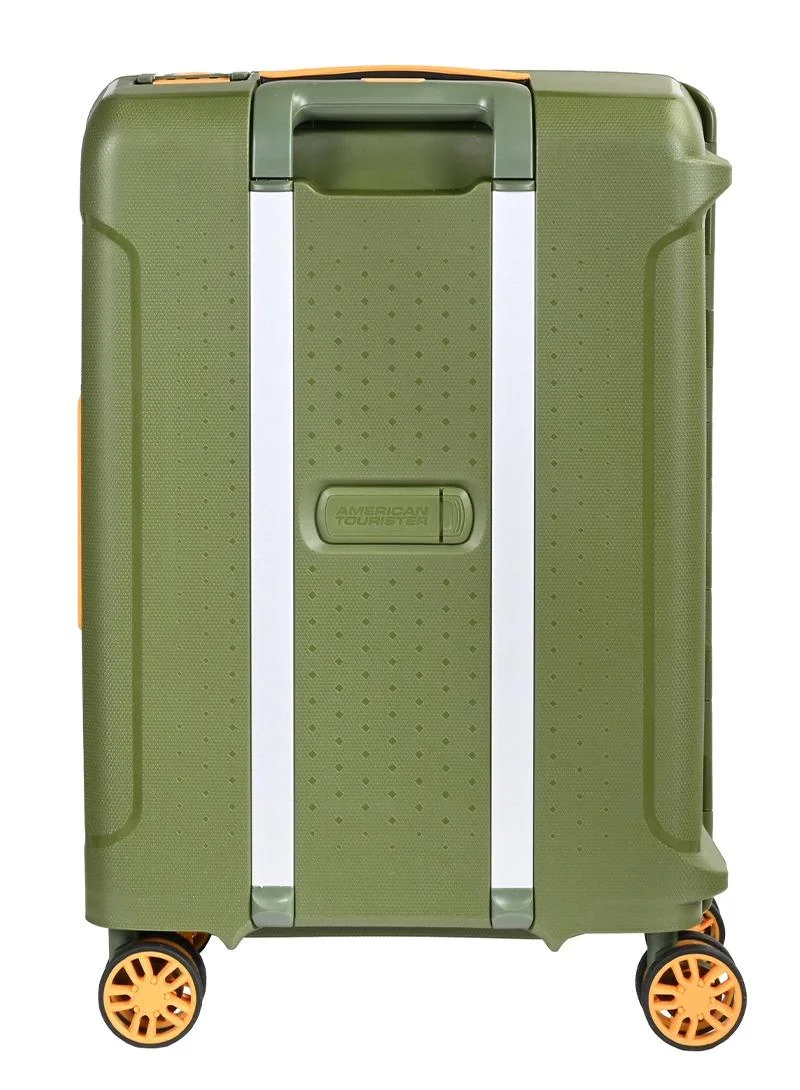 American Tourister  tribus suitcase, cabin size 55 cm / 20 inch, 4 spinner wheels, hard top, polypropylene, olive|address tag|tsa lock|dual tube pull handle|scratch resistant texture|xtrasecu™ 3-point locking system - 3 years international warranty  | Best Price UAE