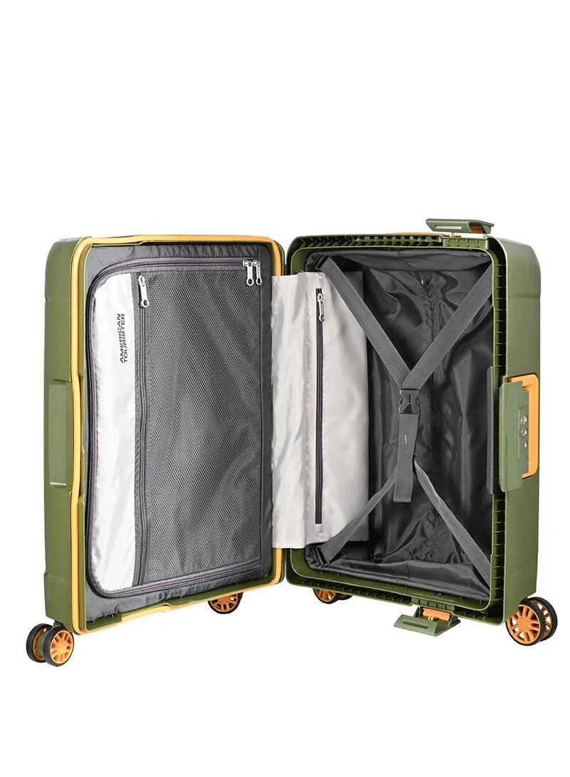 American Tourister  tribus suitcase, cabin size 55 cm / 20 inch, 4 spinner wheels, hard top, polypropylene, olive|address tag|tsa lock|dual tube pull handle|scratch resistant texture|xtrasecu™ 3-point locking system - 3 years international warranty  | Best Price UAE