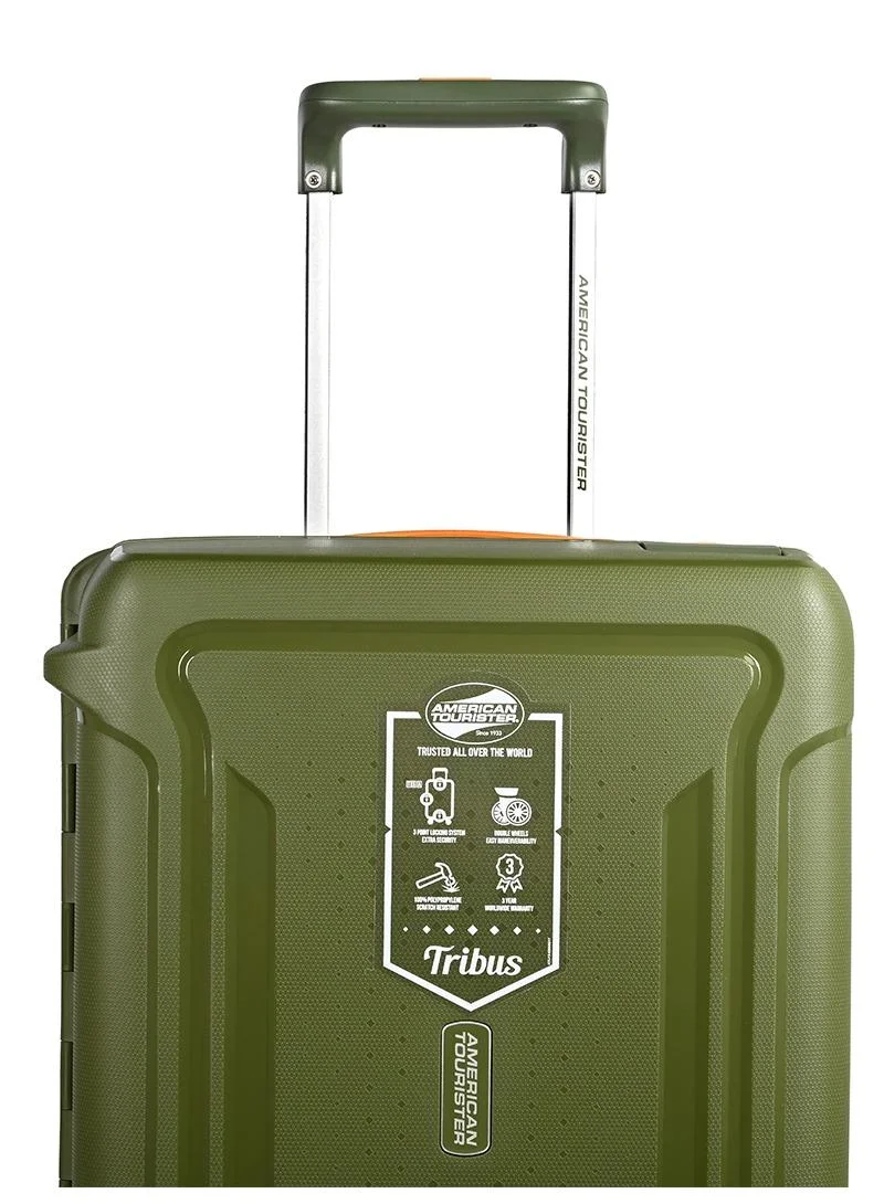 American Tourister  tribus suitcase, cabin size 55 cm / 20 inch, 4 spinner wheels, hard top, polypropylene, olive|address tag|tsa lock|dual tube pull handle|scratch resistant texture|xtrasecu™ 3-point locking system - 3 years international warranty  | Best Price UAE