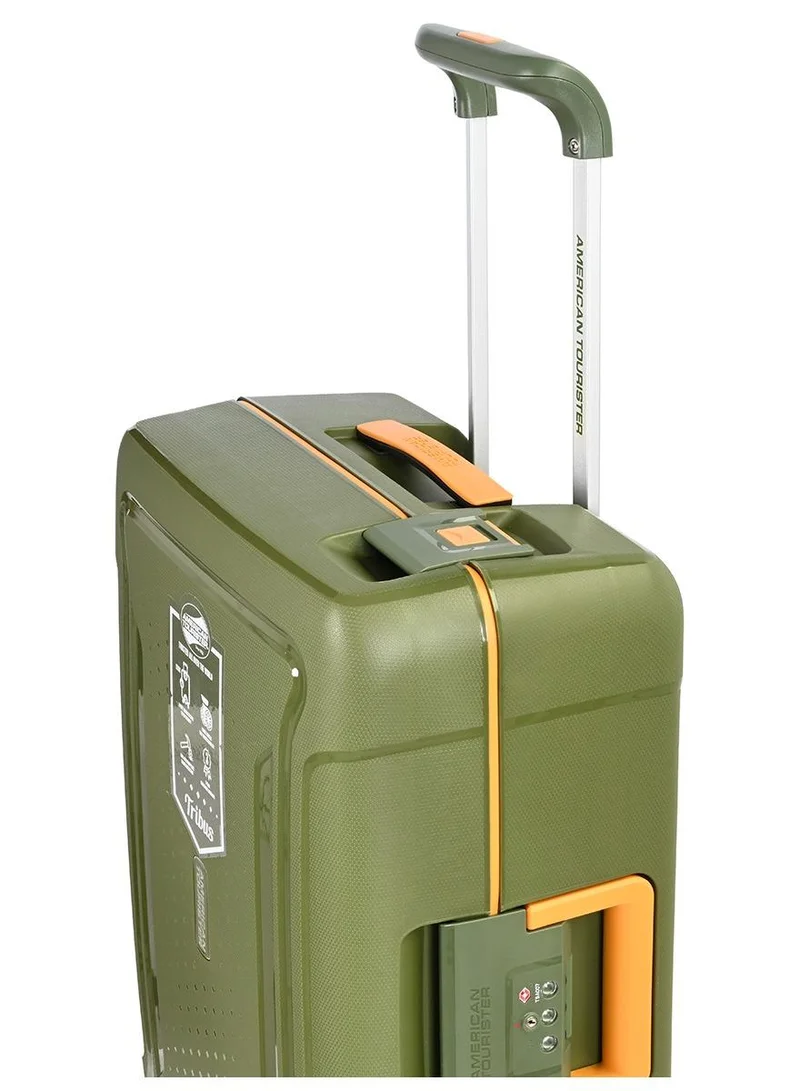 American Tourister  tribus suitcase, cabin size 55 cm / 20 inch, 4 spinner wheels, hard top, polypropylene, olive|address tag|tsa lock|dual tube pull handle|scratch resistant texture|xtrasecu™ 3-point locking system - 3 years international warranty  | Best Price UAE