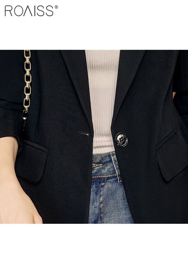roaiss Women's Casual Business Blazer Fashion Casual Solid Color Office Coat Classic Lapel Button Open Placket Coat  - Image 5