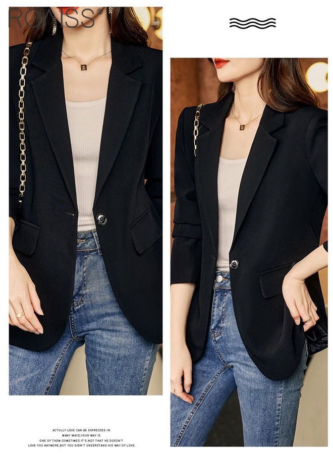 roaiss Women's Casual Business Blazer Fashion Casual Solid Color Office Coat Classic Lapel Button Open Placket Coat - Image 2