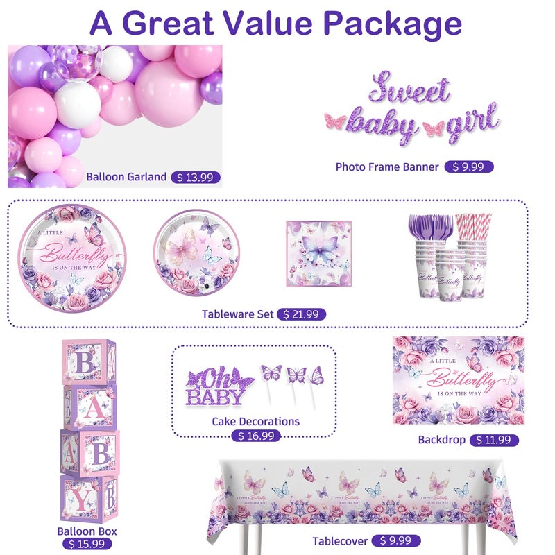 cocomigo Butterfly Baby Shower Decorations Balloons Plates and Cups and Napkins Sets Purple Pink Sweet Baby Girl Baby Shower Themes A Little Butterfly is on Her Way Decorations for Girl - Image 3