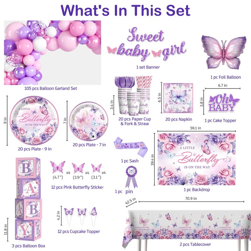 cocomigo Butterfly Baby Shower Decorations Balloons Plates and Cups and Napkins Sets Purple Pink Sweet Baby Girl Baby Shower Themes A Little Butterfly is on Her Way Decorations for Girl - Image 2