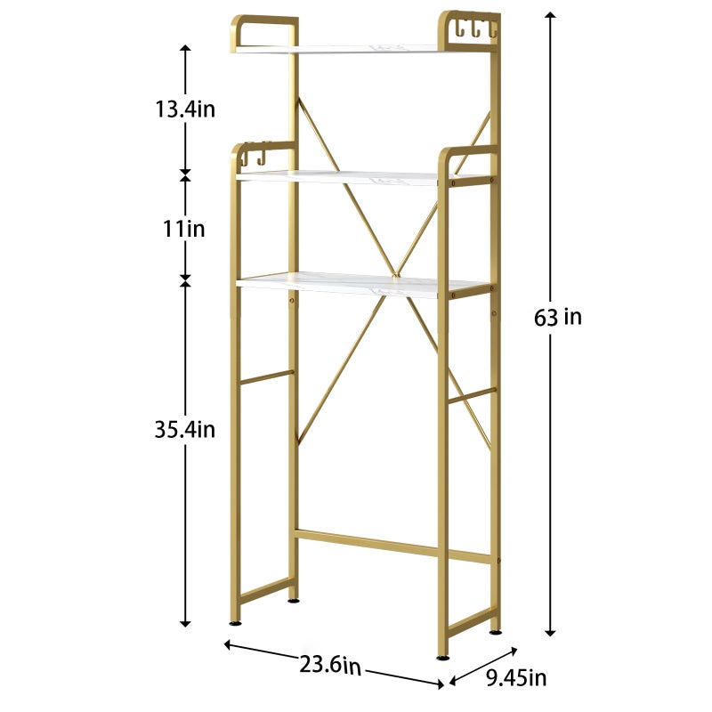 Huhote Over The Toilet Storage Rack with 3-Tier Shelves, Space Saver Toilet Shelf, Laundry Organizer with Hooks for Over Toilet Storage and Space Saver (White & Gold) - Image 2