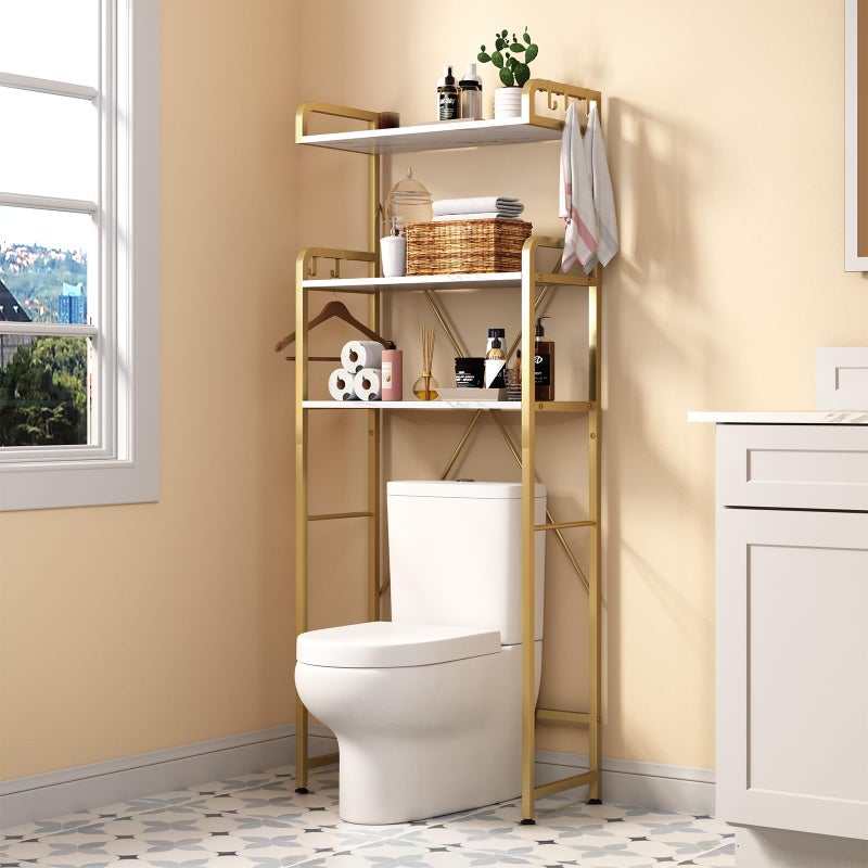 Huhote Over The Toilet Storage Rack with 3-Tier Shelves, Space Saver Toilet Shelf, Laundry Organizer with Hooks for Over Toilet Storage and Space Saver (White & Gold) - Image 1