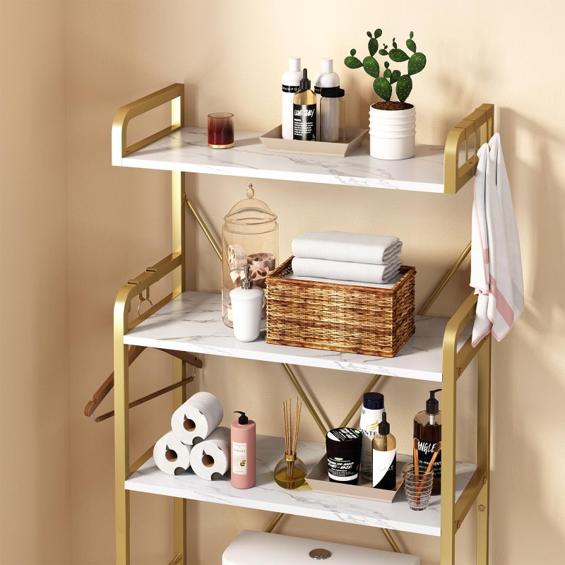 Huhote Over The Toilet Storage Rack with 3-Tier Shelves, Space Saver Toilet Shelf, Laundry Organizer with Hooks for Over Toilet Storage and Space Saver (White & Gold) - Image 4