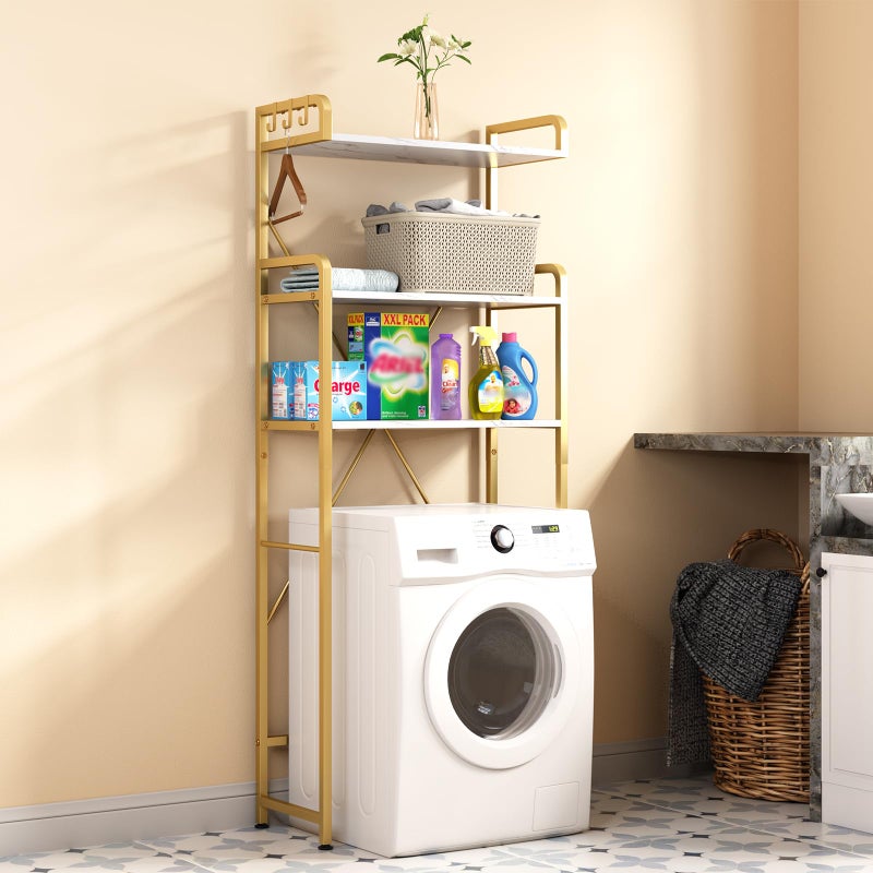 Huhote Over The Toilet Storage Rack with 3-Tier Shelves, Space Saver Toilet Shelf, Laundry Organizer with Hooks for Over Toilet Storage and Space Saver (White & Gold) - Image 3