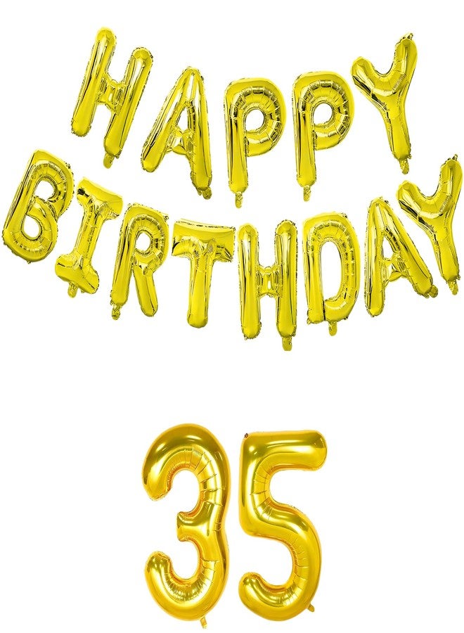 Flyloons 35th Golden Colour Happy Birthday Foil Balloon Banner Set for 35 Year Old | with Number Thirty-five | 13 Letters Reusable Happy Birthday Metallic Foil Balloons Decoration Kit,15 pcs - Image 1