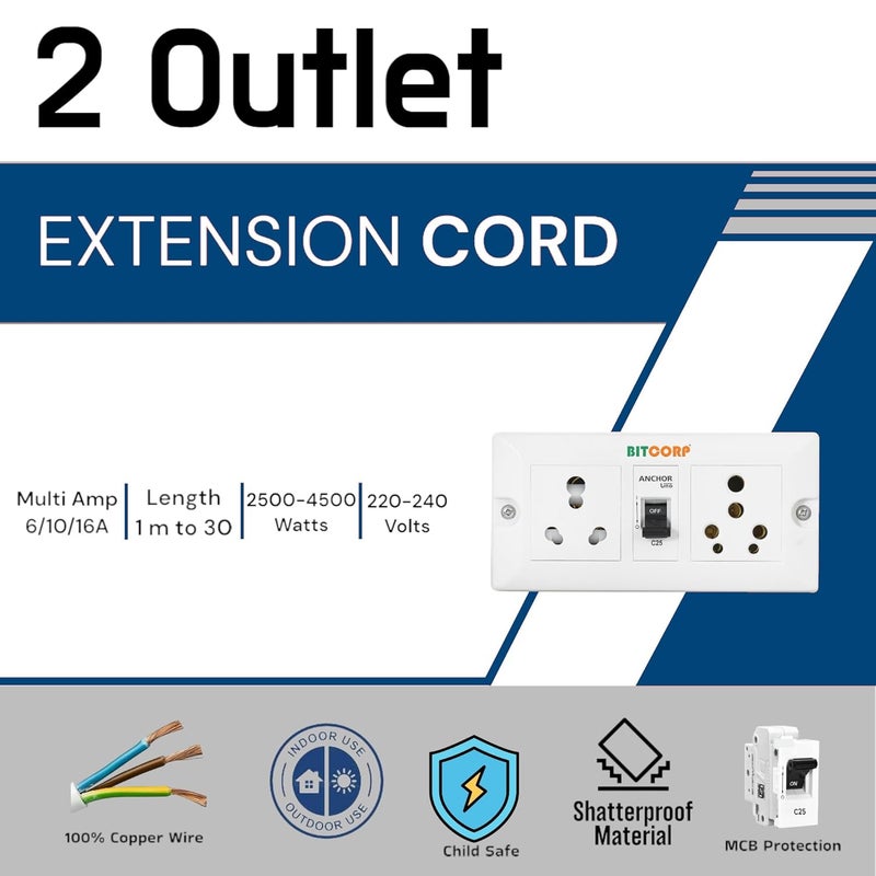 Bitcorp Extension Board Small and Heavy Duty Junction Box 15A 16A 20A 2 Way Socket 1 Switch 2500W High Voltage with Thermal Protection Surge Control 20 Meter Long Cable Cord White - Image 2