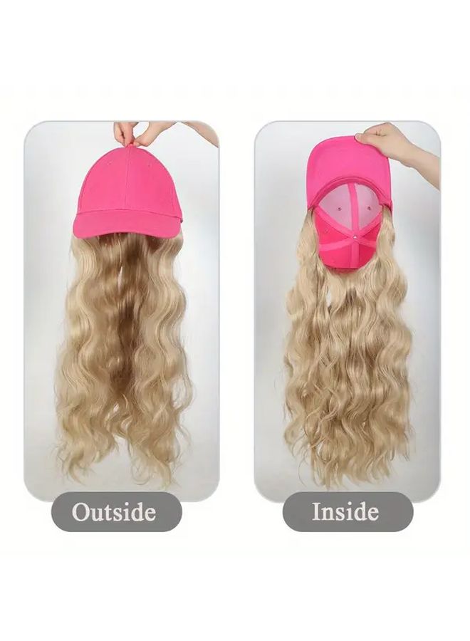 Women Long Synthetic Curly Water Wave Hair Wig With Hot Pink Baseball Cap 18 Inch Heat Resistant Fiber Adjustable Buckle Closure Softball Hair Accessories Halloween Costume Party Wigs Daily Wear Playful Design - Image 5