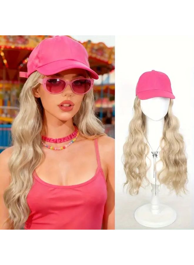 Women Long Synthetic Curly Water Wave Hair Wig With Hot Pink Baseball Cap 18 Inch Heat Resistant Fiber Adjustable Buckle Closure Softball Hair Accessories Halloween Costume Party Wigs Daily Wear Playful Design - Image 1