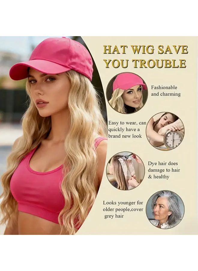 Women Long Synthetic Curly Water Wave Hair Wig With Hot Pink Baseball Cap 18 Inch Heat Resistant Fiber Adjustable Buckle Closure Softball Hair Accessories Halloween Costume Party Wigs Daily Wear Playful Design - Image 2