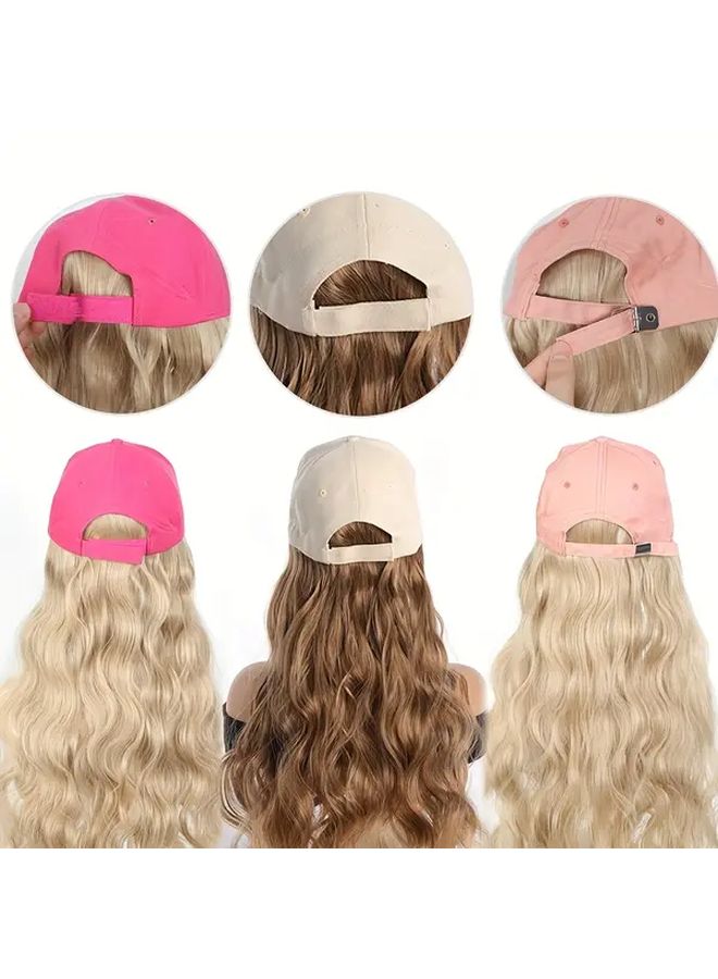 Women Long Synthetic Curly Water Wave Hair Wig With Hot Pink Baseball Cap 18 Inch Heat Resistant Fiber Adjustable Buckle Closure Softball Hair Accessories Halloween Costume Party Wigs Daily Wear Playful Design - Image 3