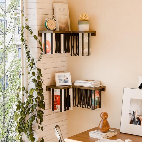 WOPITMER Floating Bookshelves for Wall Set of 2 Corner Floating Shelves for Books Rubberwood Wall Mount Bookshelf Unique Wall Bookshelf with Elastic StrapHanging Bookshelves for WallWalnut Color - Image 3