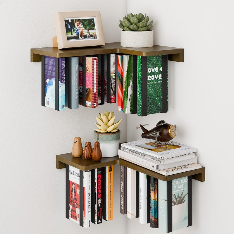 WOPITMER Floating Bookshelves for Wall Set of 2 Corner Floating Shelves for Books Rubberwood Wall Mount Bookshelf Unique Wall Bookshelf with Elastic StrapHanging Bookshelves for WallWalnut Color - Image 2