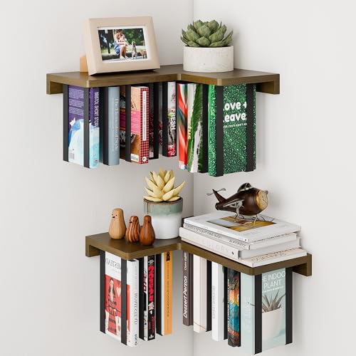 WOPITMER Floating Bookshelves for Wall Set of 2 Corner Floating Shelves for Books Rubberwood Wall Mount Bookshelf Unique Wall Bookshelf with Elastic StrapHanging Bookshelves for WallWalnut Color - Image 1