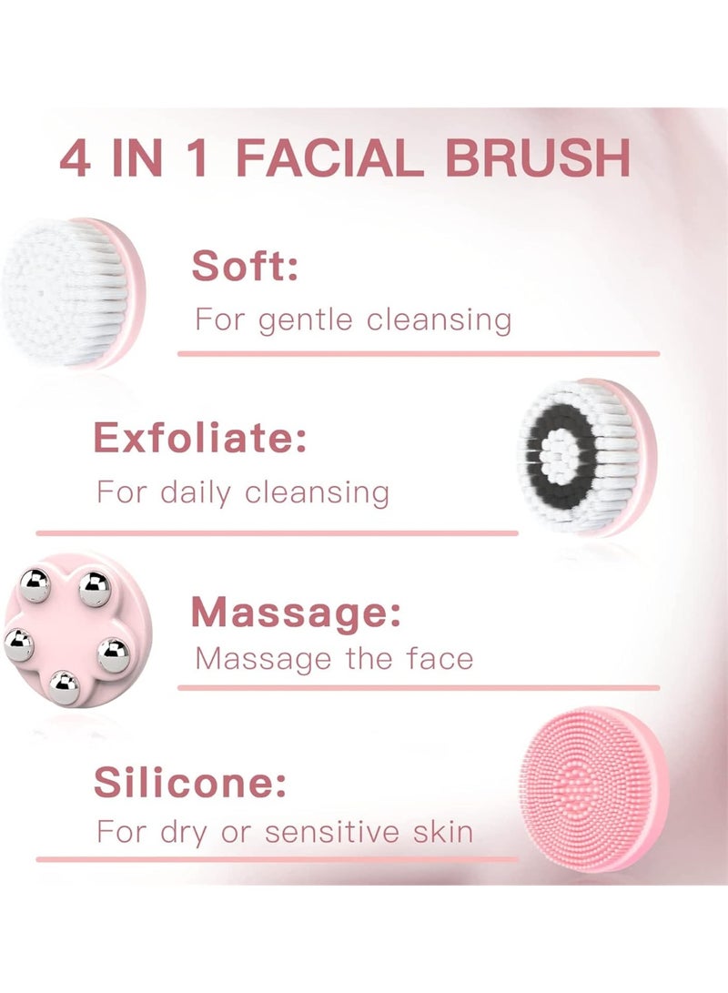 فرشاة تنظيف الوجه، فرشاة تنظيف الوجه الكهربائية 4 في 1، فرشاة تنظيف الوجه القابلة لإعادة الشحن لتقشير لطيف وتنظيف عميق وتدليك الوجه (وردي) - Image 2