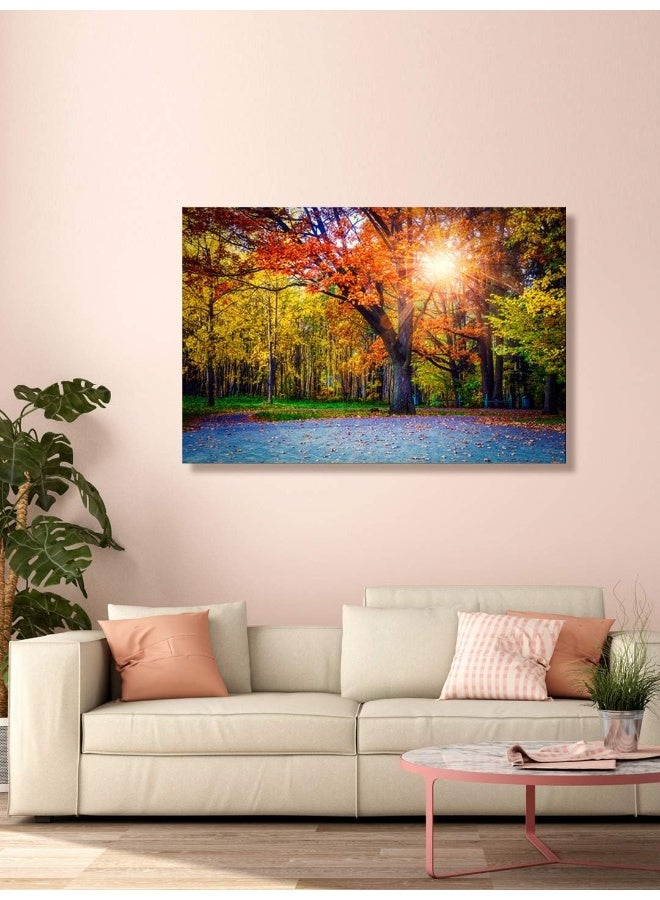999Store Printed Sun Shining Through The Yellow Leaves Tree Painting Wall Art (Canvas_36X24 Inches_Multi) - Image 1