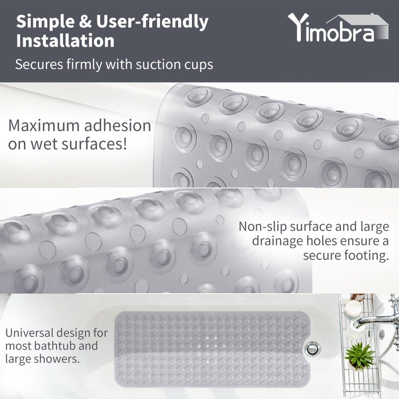 Yimobra Non Slip Bathtub Mat 40"x16", Super Strong Suction Cups, Extra Long Shower Mat with Drain Holes, Machine Washable Fast Draining Bathroom Floor Mat, Clear Grey - Image 3