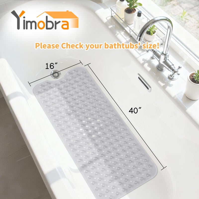 Yimobra Non Slip Bathtub Mat 40"x16", Super Strong Suction Cups, Extra Long Shower Mat with Drain Holes, Machine Washable Fast Draining Bathroom Floor Mat, Clear Grey - Image 2