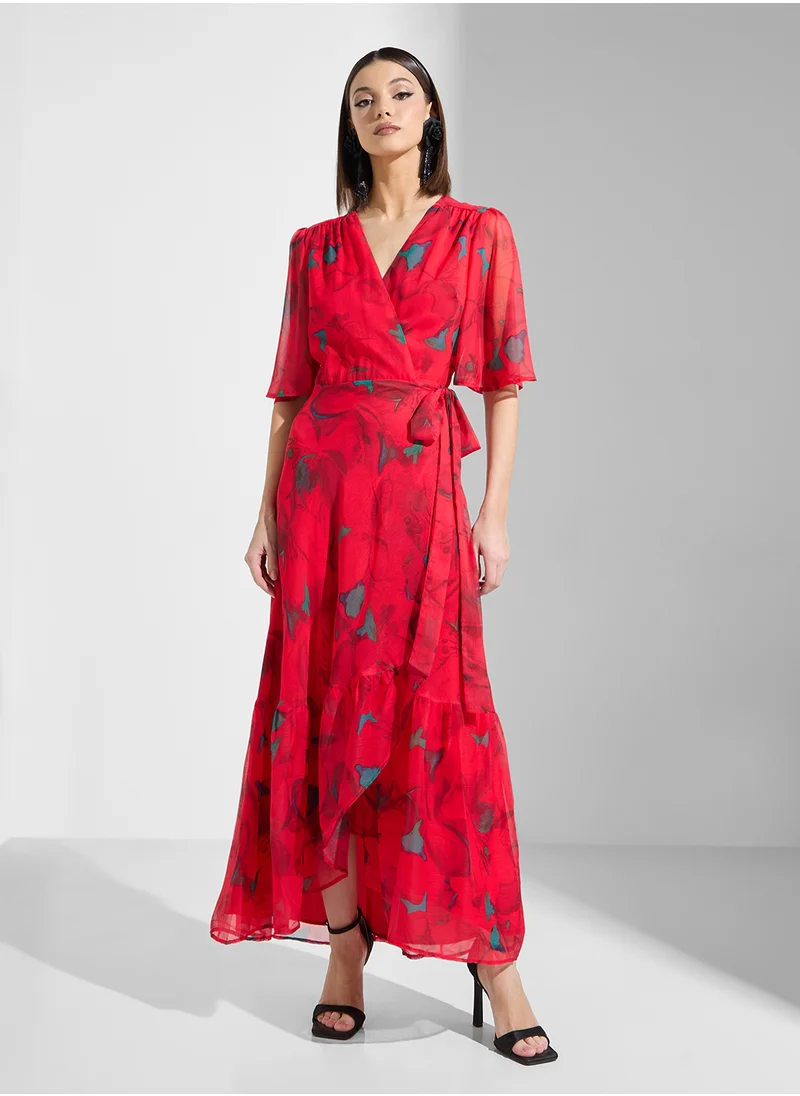 هوب اند ايفي Flutter Sleeve Wrap Dress with Tie Waist