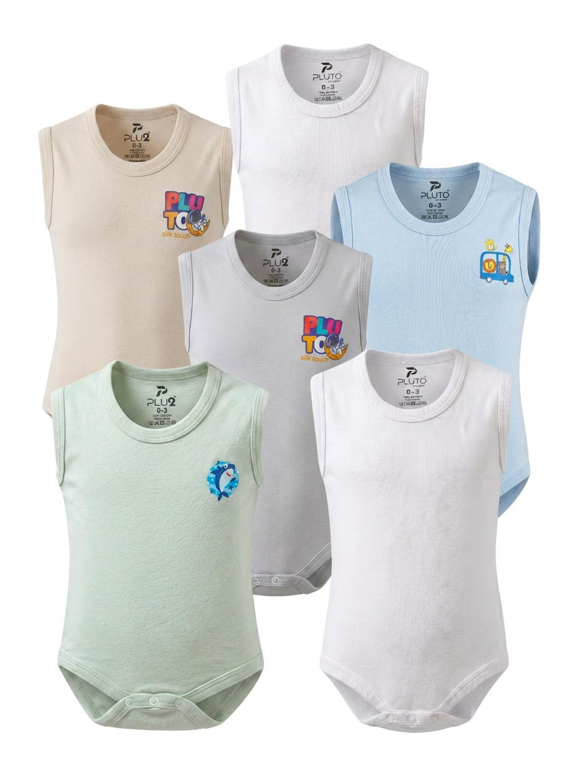 Pluto Pack of 6 Sleeveless 100% Cotton Bodysuits for Baby Boy - Image 1