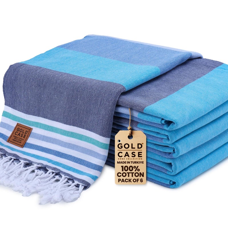 Gold CASE Turkish Beach Towel Set of 6  100 Cotton Large Turkish Bath Towels 70 x 38  OLYMPOS Oversized Quick Dry  Sand Free Beach Towel  Lightweight Towels Set  Blue