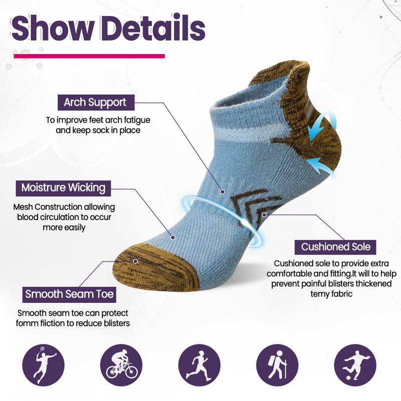 Velice Merino Wool Ankle Hiking Running Socks for Women Compression Thick Athletic Cushion Breathable No Show Socks 6 Pairs(Mix Color, Medium) - Image 4
