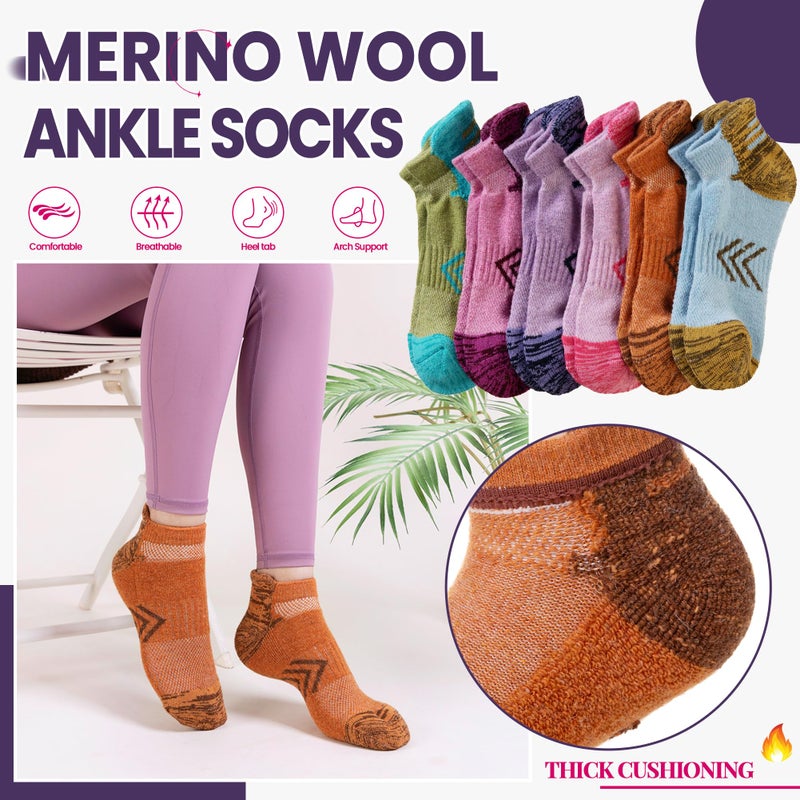 Velice Merino Wool Ankle Hiking Running Socks for Women Compression Thick Athletic Cushion Breathable No Show Socks 6 Pairs(Mix Color, Medium) - Image 2