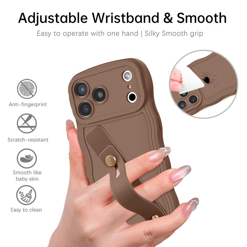 GUAGUA for iPhone 17 Pro Case with Wrist Strap, Wavy Edge Phone Case Cute Curly Shape with Adjustable Wristband Kickstand Shockproof Anti Slip Phone Case for iPhone 17 Pro 6.3'', Brown - Image 3