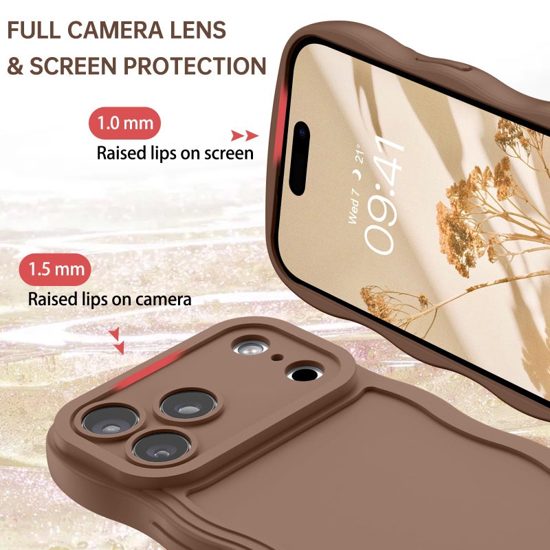 GUAGUA for iPhone 17 Pro Case with Wrist Strap, Wavy Edge Phone Case Cute Curly Shape with Adjustable Wristband Kickstand Shockproof Anti Slip Phone Case for iPhone 17 Pro 6.3'', Brown - Image 5