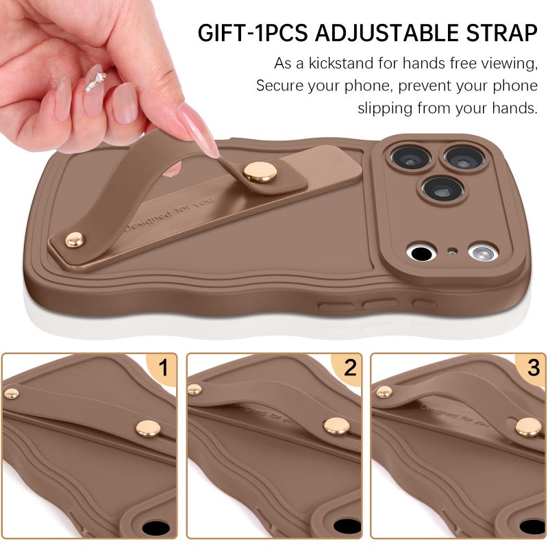 GUAGUA for iPhone 17 Pro Case with Wrist Strap, Wavy Edge Phone Case Cute Curly Shape with Adjustable Wristband Kickstand Shockproof Anti Slip Phone Case for iPhone 17 Pro 6.3'', Brown - Image 4