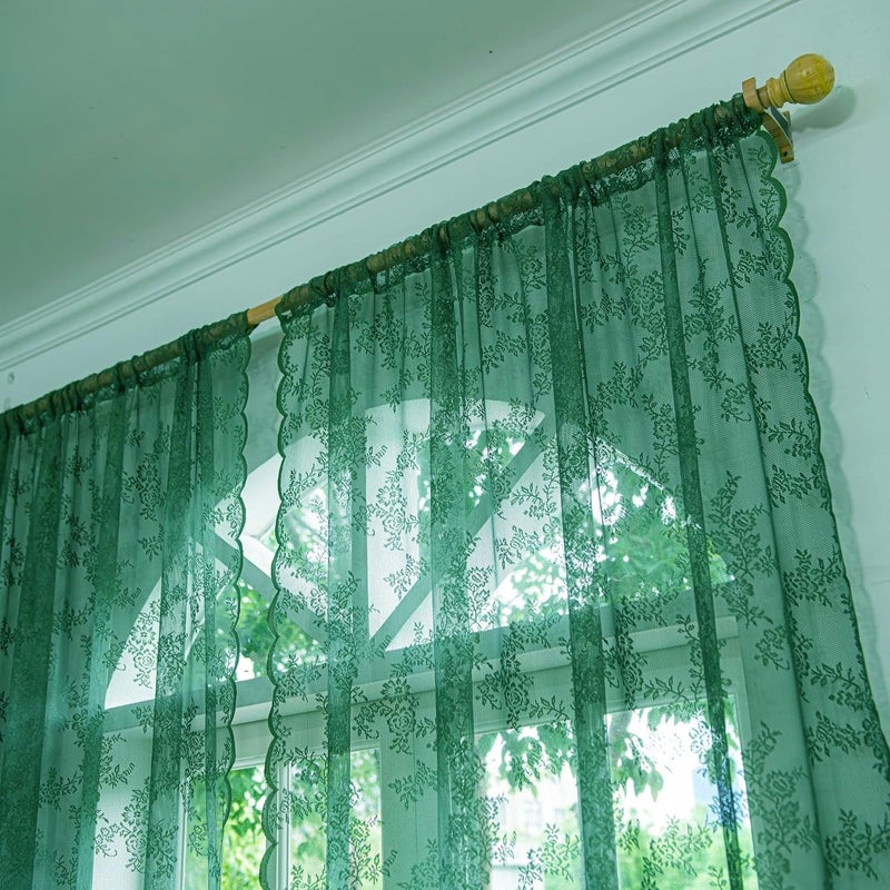 Deeprove Dark Emerald Green Lace Sheer Curtains 84 inches Long 2 Panels Set  Hunter Florals Vintage Window Treatment Xmas Christmas Pair Decor Drapes for Boho Victorian Bedroom Living Room  W57 x L84 - Image 3