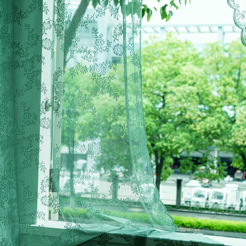 Deeprove Dark Emerald Green Lace Sheer Curtains 84 inches Long 2 Panels Set  Hunter Florals Vintage Window Treatment Xmas Christmas Pair Decor Drapes for Boho Victorian Bedroom Living Room  W57 x L84 - Image 5