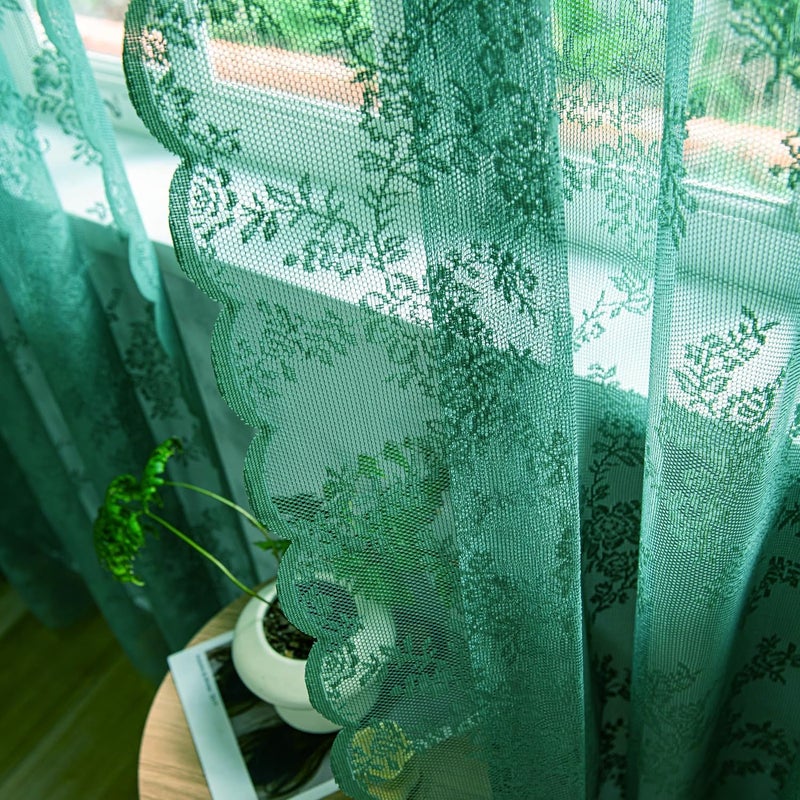 Deeprove Dark Emerald Green Lace Sheer Curtains 84 inches Long 2 Panels Set  Hunter Florals Vintage Window Treatment Xmas Christmas Pair Decor Drapes for Boho Victorian Bedroom Living Room  W57 x L84 - Image 4