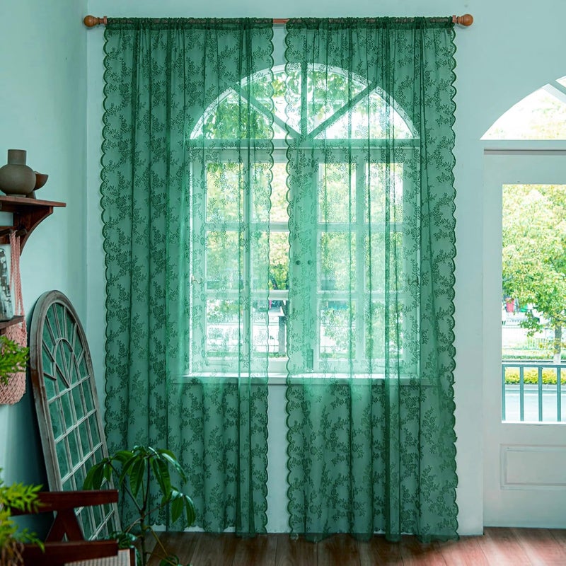 Deeprove Dark Emerald Green Lace Sheer Curtains 84 inches Long 2 Panels Set  Hunter Florals Vintage Window Treatment Xmas Christmas Pair Decor Drapes for Boho Victorian Bedroom Living Room  W57 x L84 - Image 1