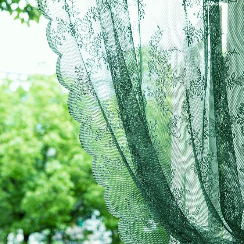 Deeprove Dark Emerald Green Lace Sheer Curtains 84 inches Long 2 Panels Set  Hunter Florals Vintage Window Treatment Xmas Christmas Pair Decor Drapes for Boho Victorian Bedroom Living Room  W57 x L84 - Image 2