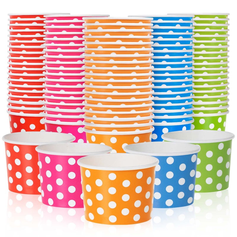 MATICAN Paper Ice Cream Cups - 100-Count 9-Oz Disposable Dessert Bowls for Hot or Cold Food, 9-Ounce Party Supplies Treat Cups for Sundae, Frozen Yogurt, Soup, 5 Colors, Polka Dots - Image 1